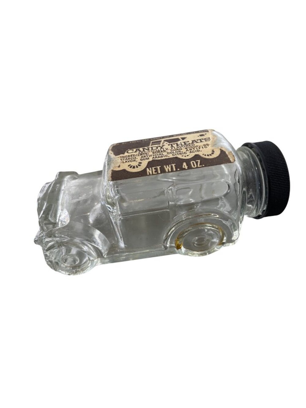 Vintage Candy Car Jar Candy Treats Glass Jar Clear Black Lid Collectible 4 Oz